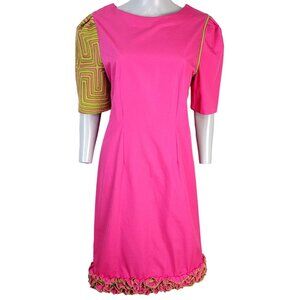 Vintage 80s Colorful Midi Dress Women 12 Pink Green Embroidered Ruffle Sheath L